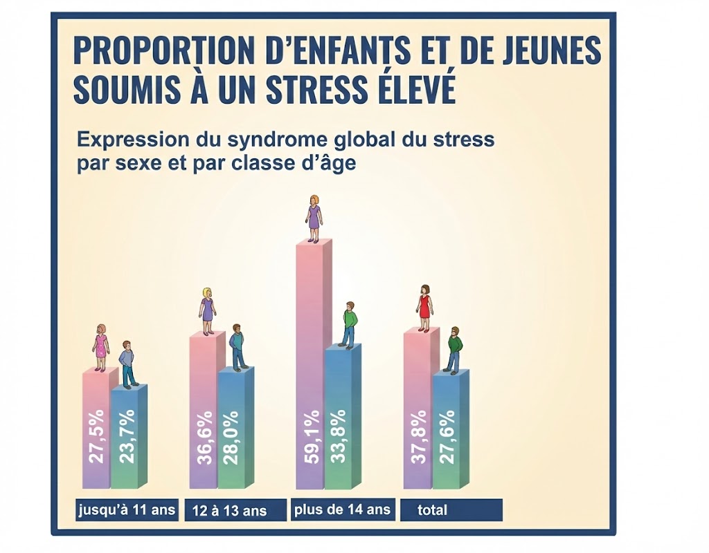 Balkendiagramm zeigt Anteil von Kindern und Jugendlichen mit hohem Stress nach Altersgruppen (bis 11, 12–13, 14+, Gesamt) mit Prozentangaben.